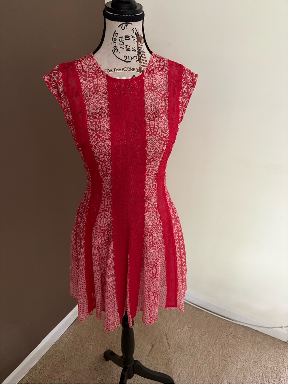BCBGMaxAzria Red Lace-Panel Fit & Flare Mini Dress